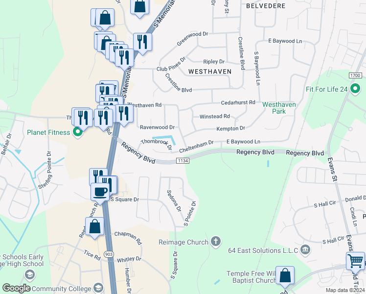 map of restaurants, bars, coffee shops, grocery stores, and more near 500 Cheltenham Drive in Greenville