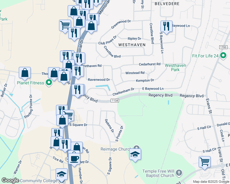 map of restaurants, bars, coffee shops, grocery stores, and more near 500 Cheltenham Drive in Greenville