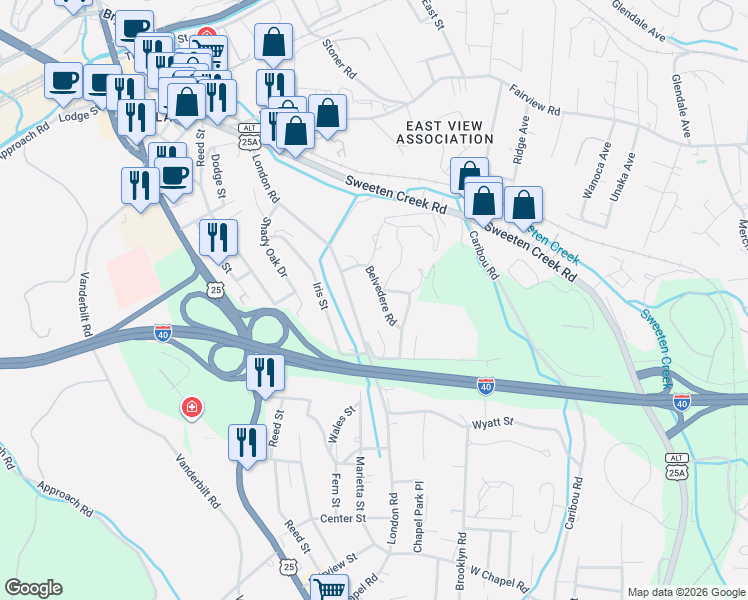 map of restaurants, bars, coffee shops, grocery stores, and more near 18 Belvedere Road in Asheville