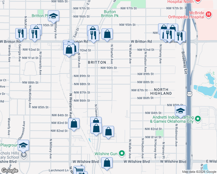 map of restaurants, bars, coffee shops, grocery stores, and more near 704 Northwest 88th Street in Oklahoma City