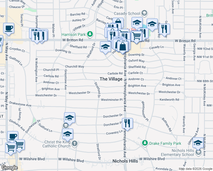 map of restaurants, bars, coffee shops, grocery stores, and more near 1732 Andover Court in The Village