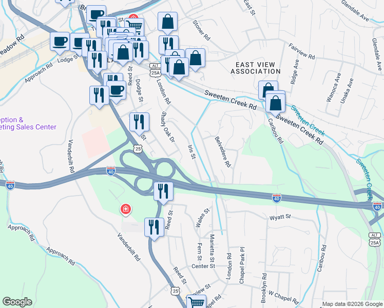 map of restaurants, bars, coffee shops, grocery stores, and more near 102 Shady Oak Drive in Asheville