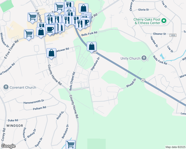 map of restaurants, bars, coffee shops, grocery stores, and more near 4100 Kittrell Farms Drive in Greenville