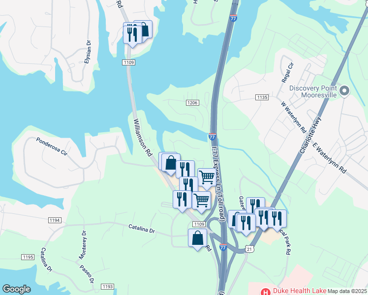 map of restaurants, bars, coffee shops, grocery stores, and more near 122 Sapphire Drive in Mooresville