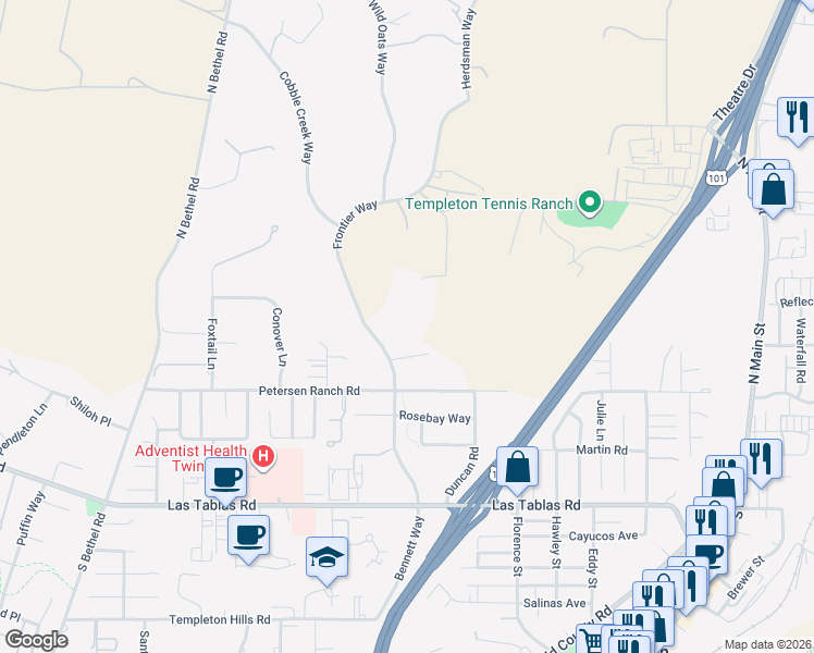 map of restaurants, bars, coffee shops, grocery stores, and more near 117 Frontier Way in Templeton