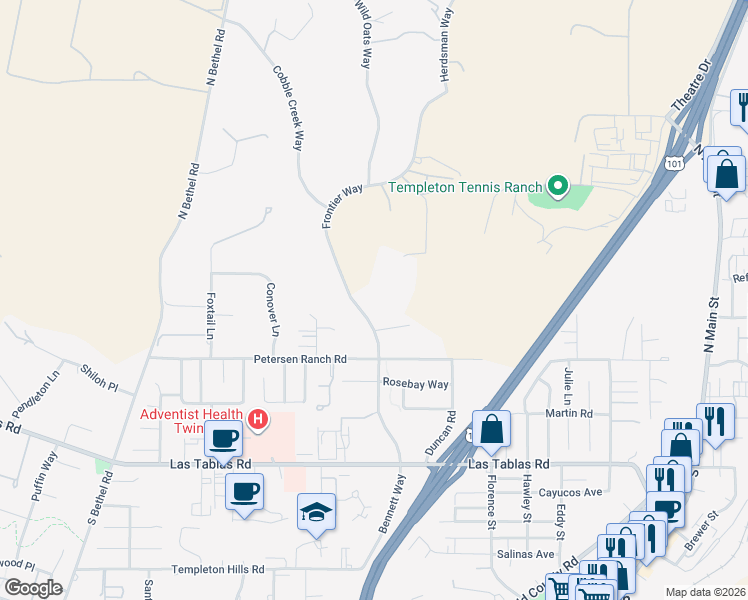 map of restaurants, bars, coffee shops, grocery stores, and more near 117 Frontier Way in Templeton