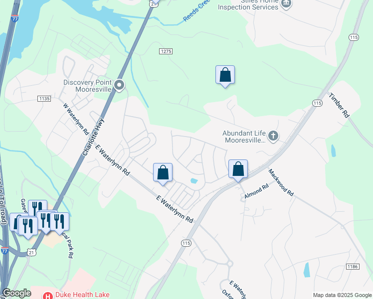 map of restaurants, bars, coffee shops, grocery stores, and more near 116 Edenton Lane in Mooresville