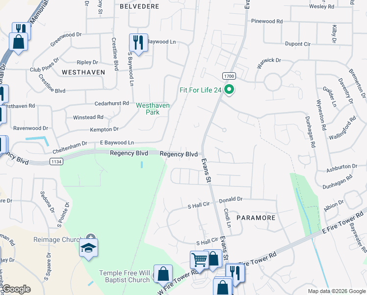 map of restaurants, bars, coffee shops, grocery stores, and more near 106 Regency Boulevard in Greenville