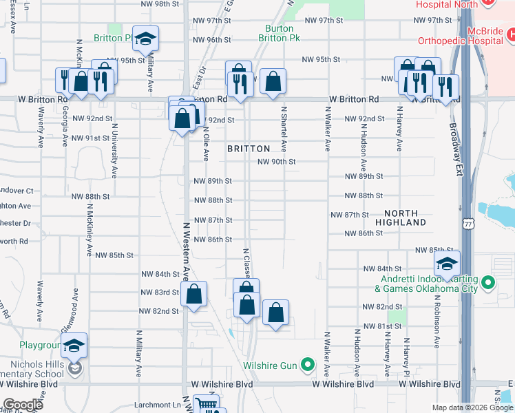 map of restaurants, bars, coffee shops, grocery stores, and more near 741 Northwest 88th Street in Oklahoma City
