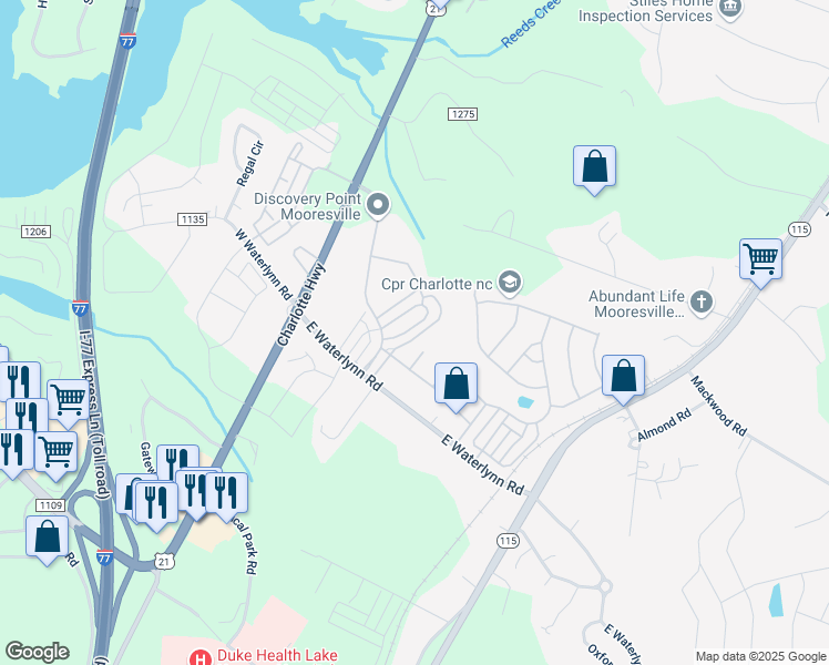 map of restaurants, bars, coffee shops, grocery stores, and more near 149 Leyton Loop in Mooresville