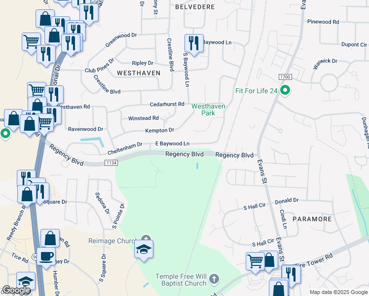 map of restaurants, bars, coffee shops, grocery stores, and more near Regency Boulevard in Winterville