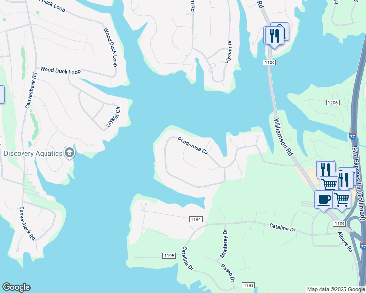 map of restaurants, bars, coffee shops, grocery stores, and more near 288 Ponderosa Circle in Mooresville
