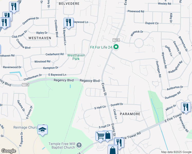 map of restaurants, bars, coffee shops, grocery stores, and more near 102 Regency Boulevard in Greenville