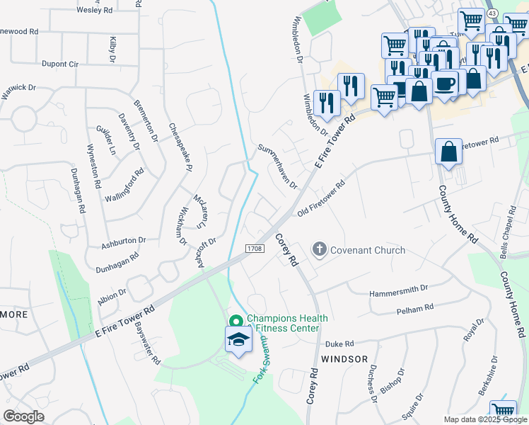 map of restaurants, bars, coffee shops, grocery stores, and more near 1216 East Fire Tower Road in Greenville