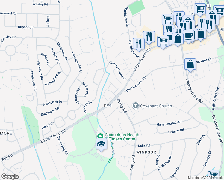 map of restaurants, bars, coffee shops, grocery stores, and more near 1207 East Fire Tower Road in Greenville