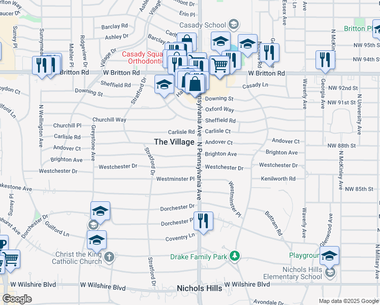 map of restaurants, bars, coffee shops, grocery stores, and more near 1700 Andover Court in The Village