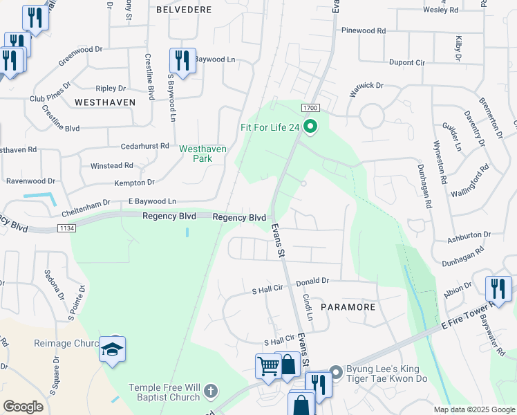 map of restaurants, bars, coffee shops, grocery stores, and more near 102 Regency Boulevard in Greenville