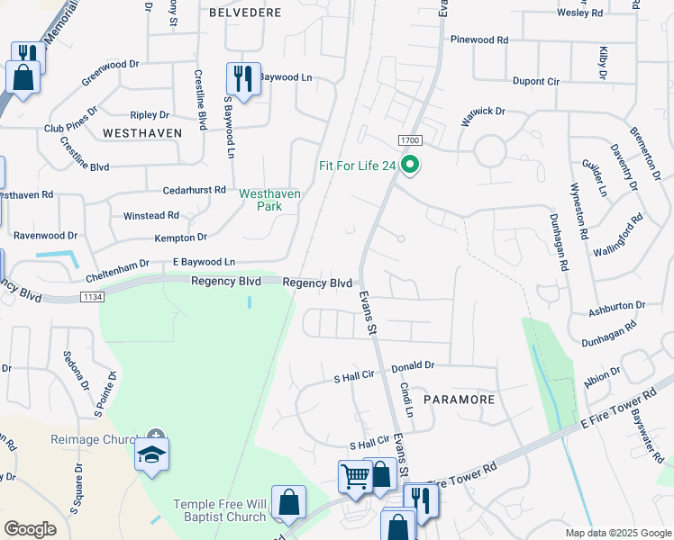map of restaurants, bars, coffee shops, grocery stores, and more near 102 Regency Boulevard in Greenville