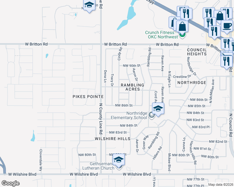map of restaurants, bars, coffee shops, grocery stores, and more near 8736 Tracy Drive in Oklahoma City