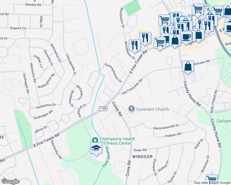 map of restaurants, bars, coffee shops, grocery stores, and more near 1216 East Fire Tower Road in Greenville