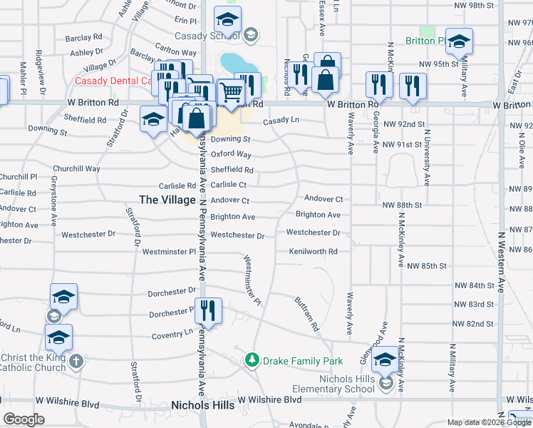 map of restaurants, bars, coffee shops, grocery stores, and more near 1504 Andover Court in The Village