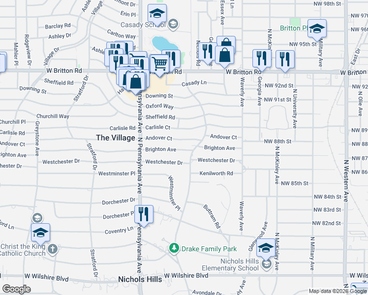 map of restaurants, bars, coffee shops, grocery stores, and more near 1504 Andover Court in The Village