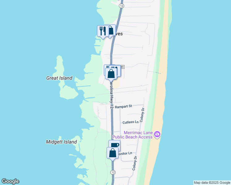 map of restaurants, bars, coffee shops, grocery stores, and more near 26251 Wimble Shore Drive in Rodanthe