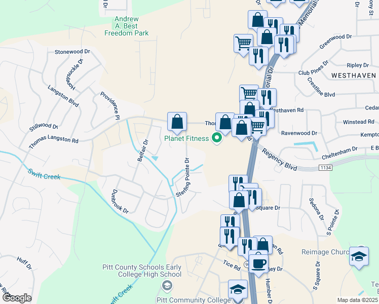 map of restaurants, bars, coffee shops, grocery stores, and more near 3803 Sterling Pointe Drive in Winterville