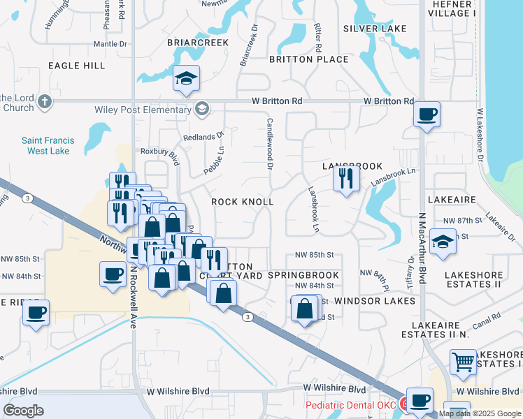 map of restaurants, bars, coffee shops, grocery stores, and more near Whitehall Drive in Oklahoma City