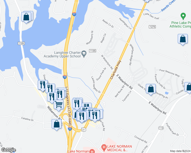 map of restaurants, bars, coffee shops, grocery stores, and more near 115 West Waterlynn Road in Mooresville