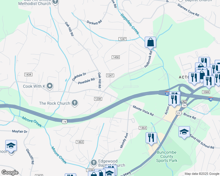 map of restaurants, bars, coffee shops, grocery stores, and more near 12 Homestead Road in Candler
