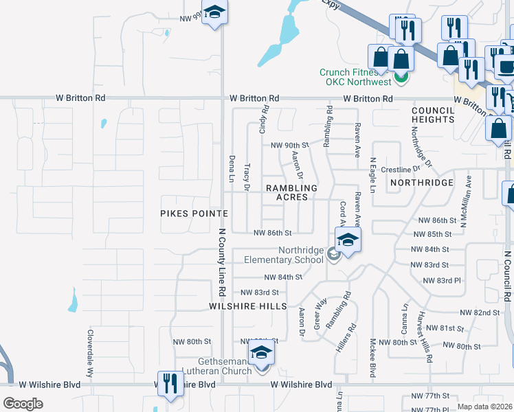 map of restaurants, bars, coffee shops, grocery stores, and more near 8736 Tracy Drive in Oklahoma City