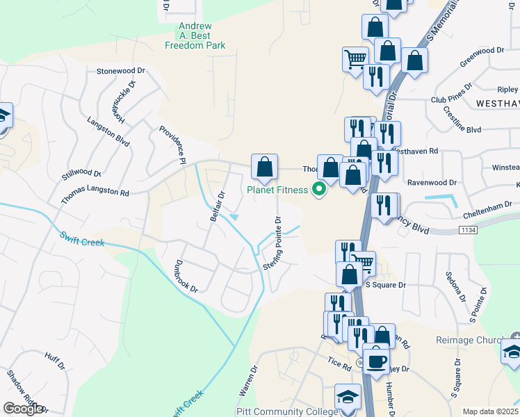 map of restaurants, bars, coffee shops, grocery stores, and more near 3804 Sterling Pointe Drive in Winterville