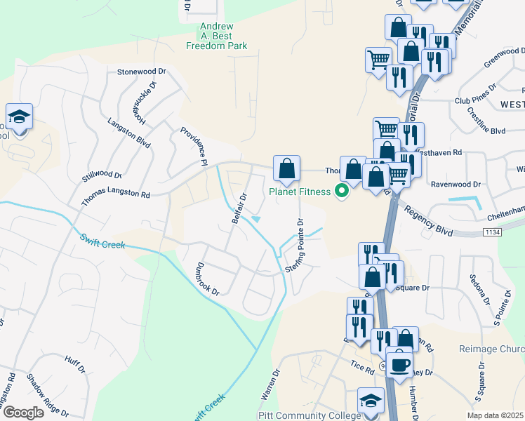 map of restaurants, bars, coffee shops, grocery stores, and more near 3821 East Vancroft Circle in Winterville
