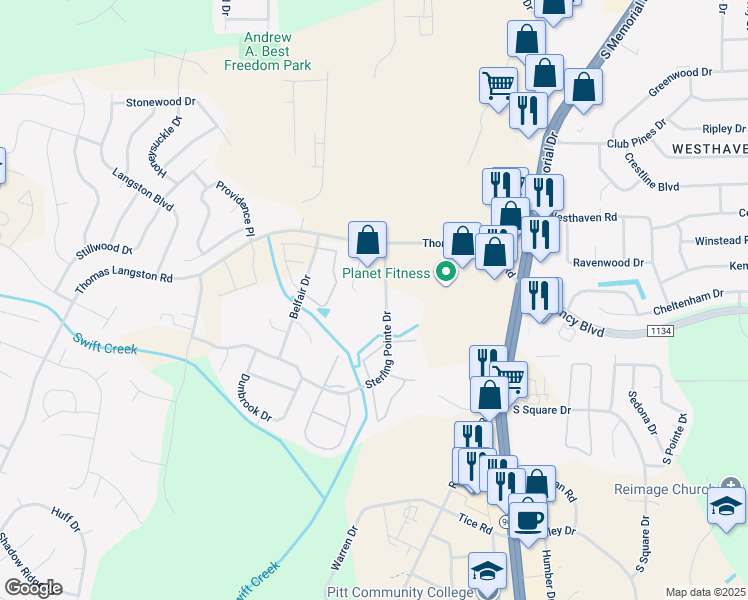 map of restaurants, bars, coffee shops, grocery stores, and more near 3800 Sterling Pointe Drive in Winterville