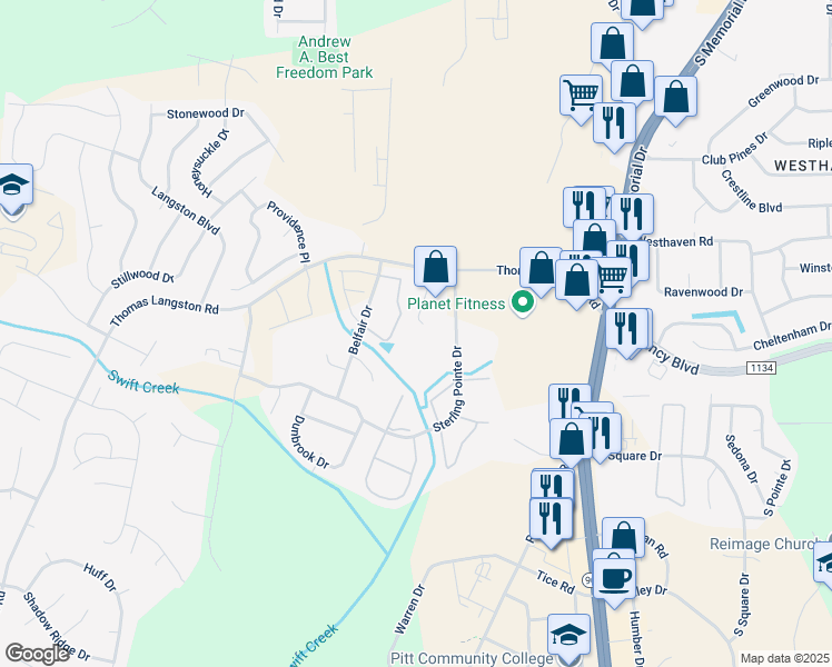 map of restaurants, bars, coffee shops, grocery stores, and more near 3808 Sterling Pointe Drive in Winterville