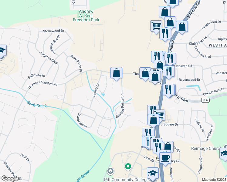 map of restaurants, bars, coffee shops, grocery stores, and more near 3800 Sterling Pointe Drive in Winterville