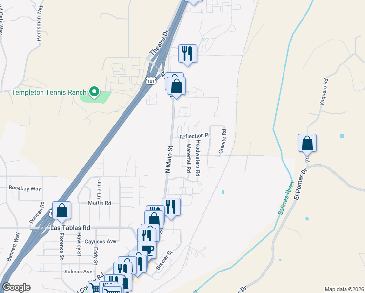map of restaurants, bars, coffee shops, grocery stores, and more near 275 Waterfall Road in Templeton