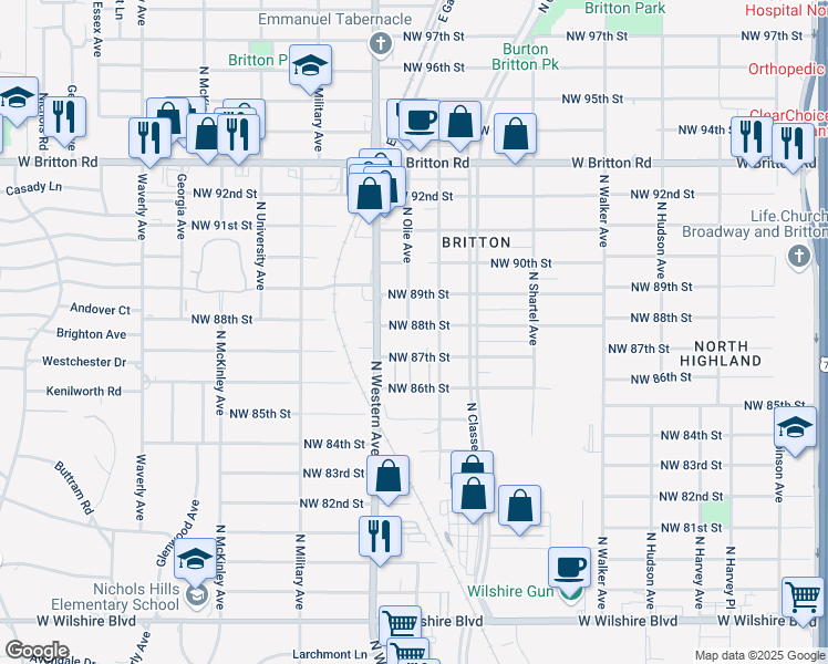 map of restaurants, bars, coffee shops, grocery stores, and more near 920 Northwest 88th Street in Oklahoma City