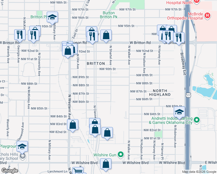 map of restaurants, bars, coffee shops, grocery stores, and more near 704 Northwest 88th Street in Oklahoma City