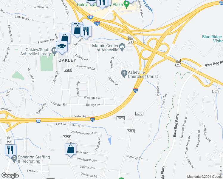 map of restaurants, bars, coffee shops, grocery stores, and more near 172 Onteora Boulevard in Asheville