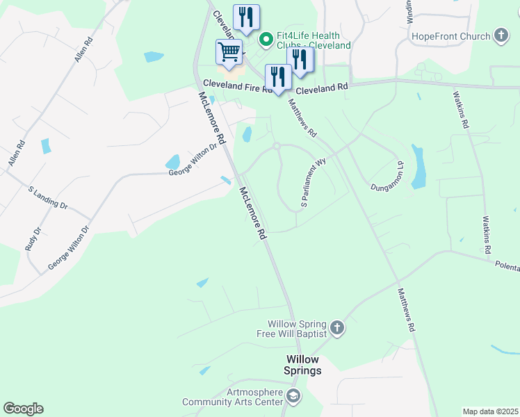map of restaurants, bars, coffee shops, grocery stores, and more near Mornington Place in Johnston County