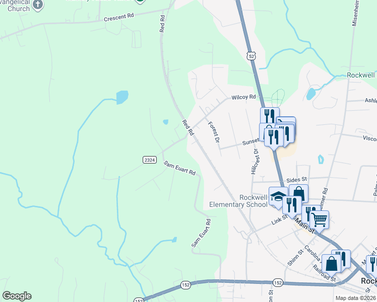 map of restaurants, bars, coffee shops, grocery stores, and more near 8450 Red Road in Rockwell