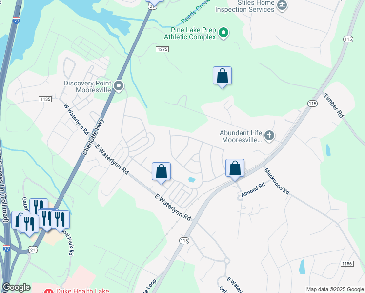 map of restaurants, bars, coffee shops, grocery stores, and more near 115 Edenton Lane in Mooresville