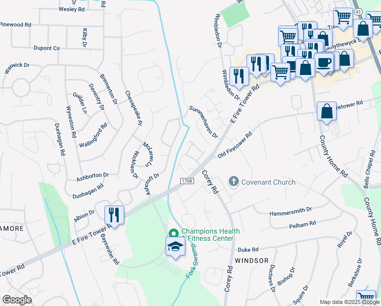 map of restaurants, bars, coffee shops, grocery stores, and more near 1216 East Fire Tower Road in Greenville