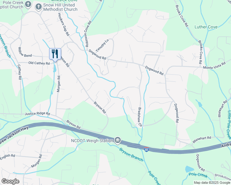 map of restaurants, bars, coffee shops, grocery stores, and more near 32 Misty Mountain Way in Candler