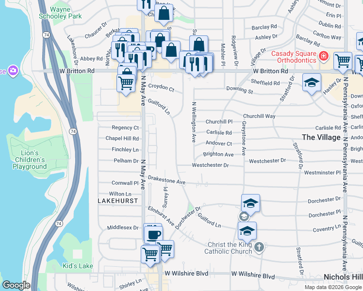 map of restaurants, bars, coffee shops, grocery stores, and more near 2829 Guilford Lane in Oklahoma City
