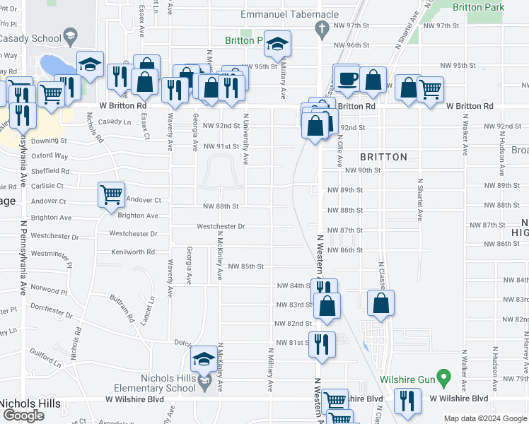 map of restaurants, bars, coffee shops, grocery stores, and more near 1204 Northwest 88th Street in Oklahoma City