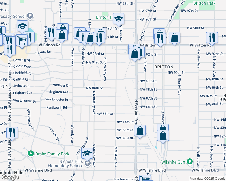 map of restaurants, bars, coffee shops, grocery stores, and more near 1206 Northwest 88th Street in Oklahoma City