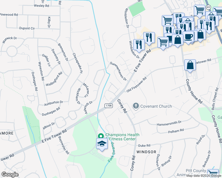 map of restaurants, bars, coffee shops, grocery stores, and more near 1216 East Fire Tower Road in Greenville
